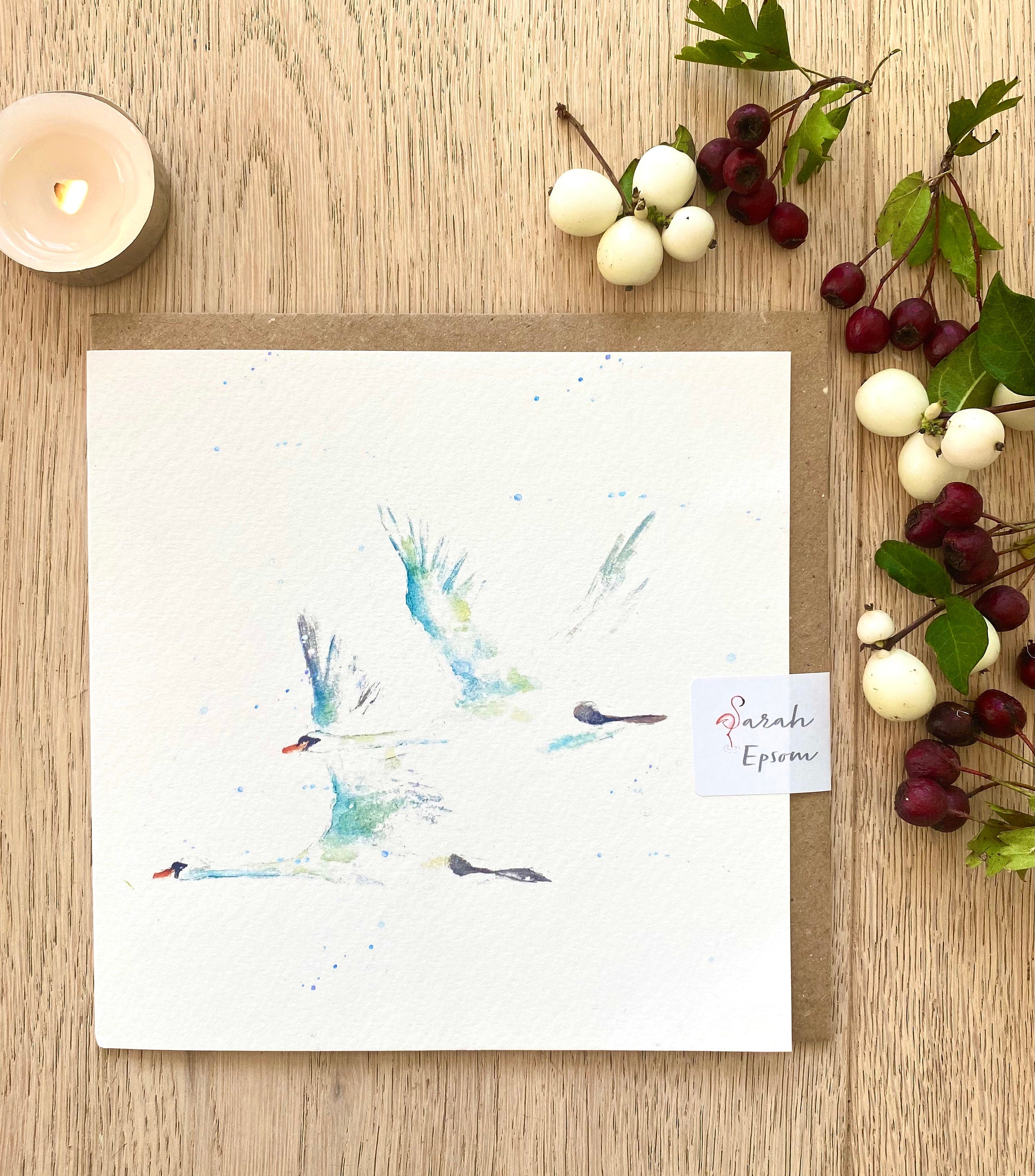 Christmas Card, Swans in Flight, Greeting Card - by Sarah Epsom