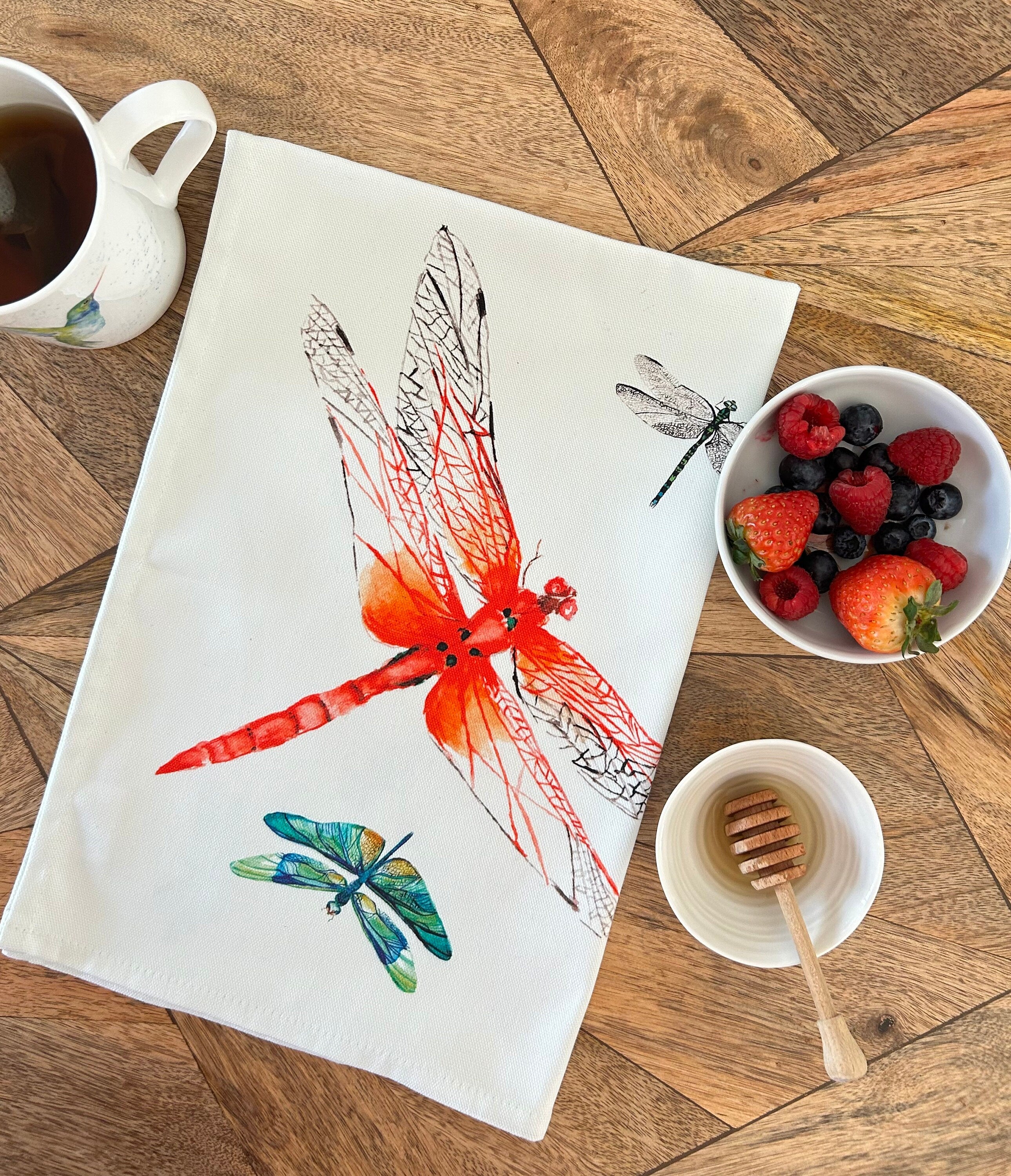 Dragonfly tea towel, Dancing Dragonflies, 100% Organic Cotton tea towel, Designed and printed in UK - by Sarah Epsom