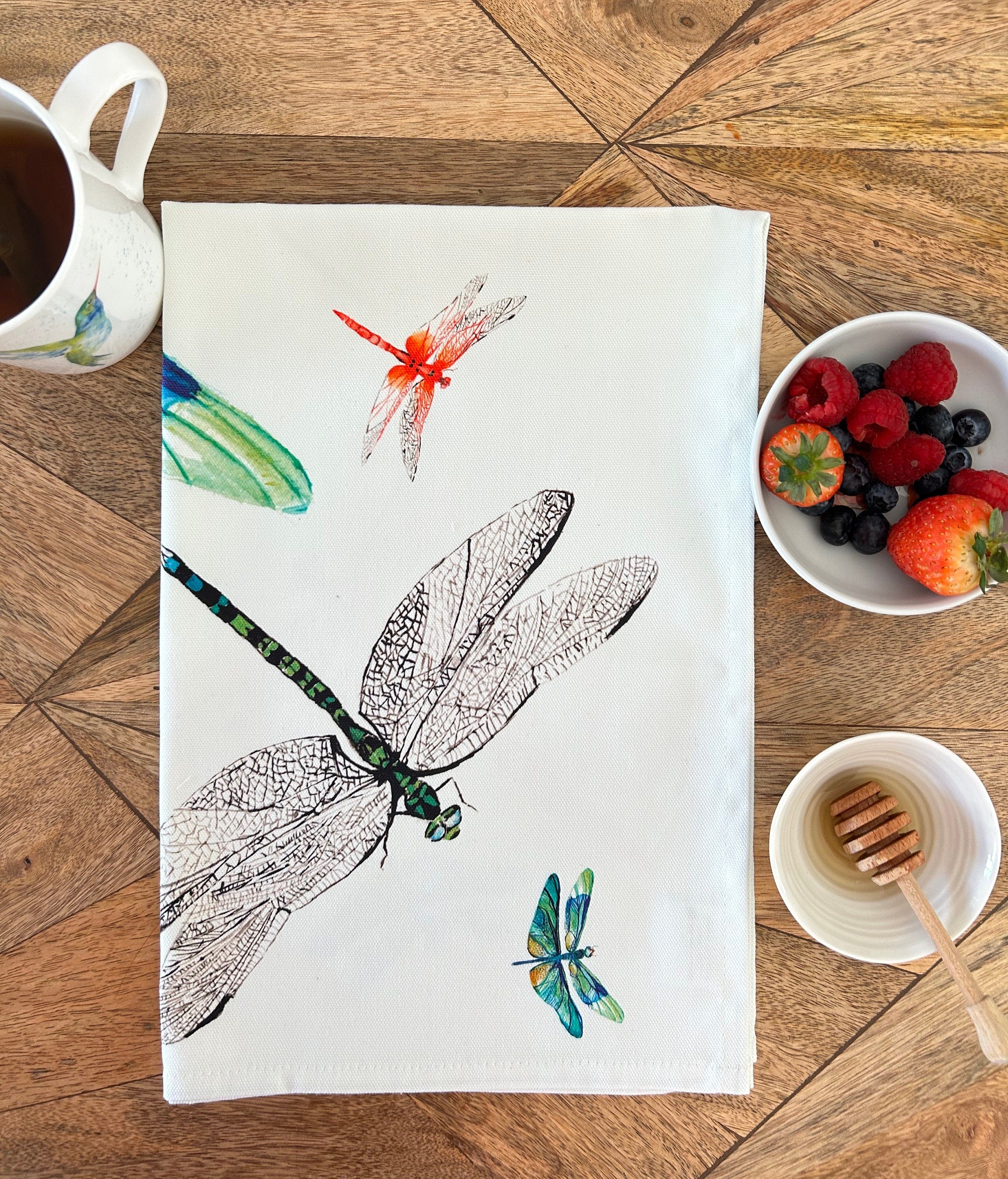 Dragonfly tea towel, Dancing Dragonflies, 100% Organic Cotton tea towel, Designed and printed in UK - by Sarah Epsom