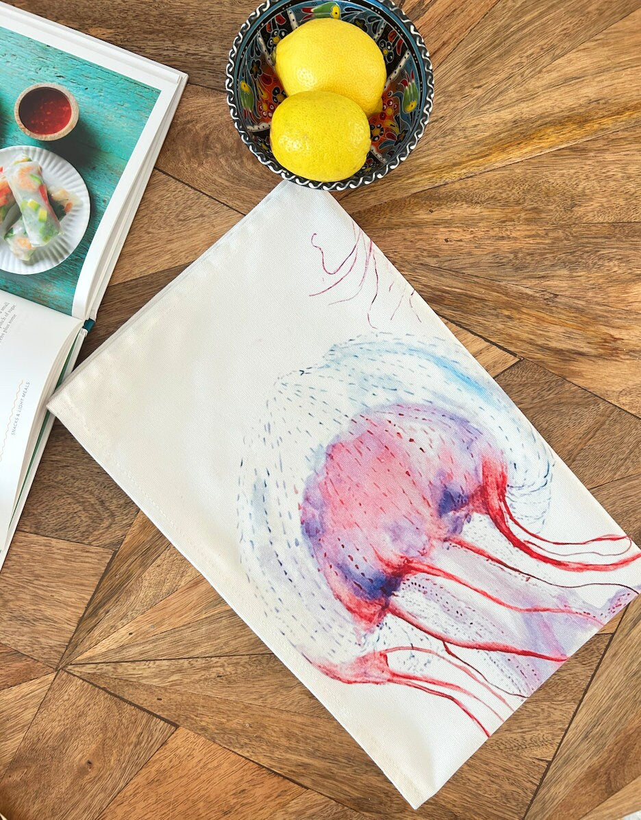 Jellyfish towel, Jellyfish and Friends, 100% Organic Cotton tea towel, Designed and printed in UK - by Sarah Epsom