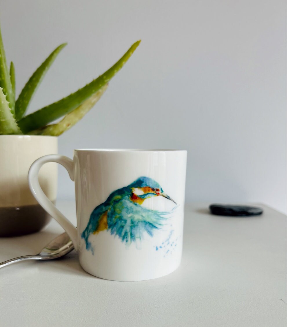 Kingfisher mug, Emerald Wings, Fine Bone China Mug - by Sarah Epsom