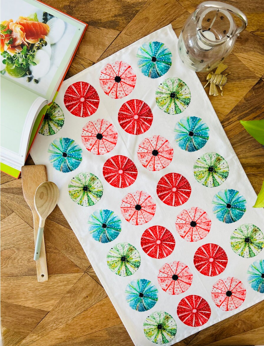 SALE - Sea Urchin Pattern, 100% Organic Cotton Tea Towel by artist Sarah Epsom