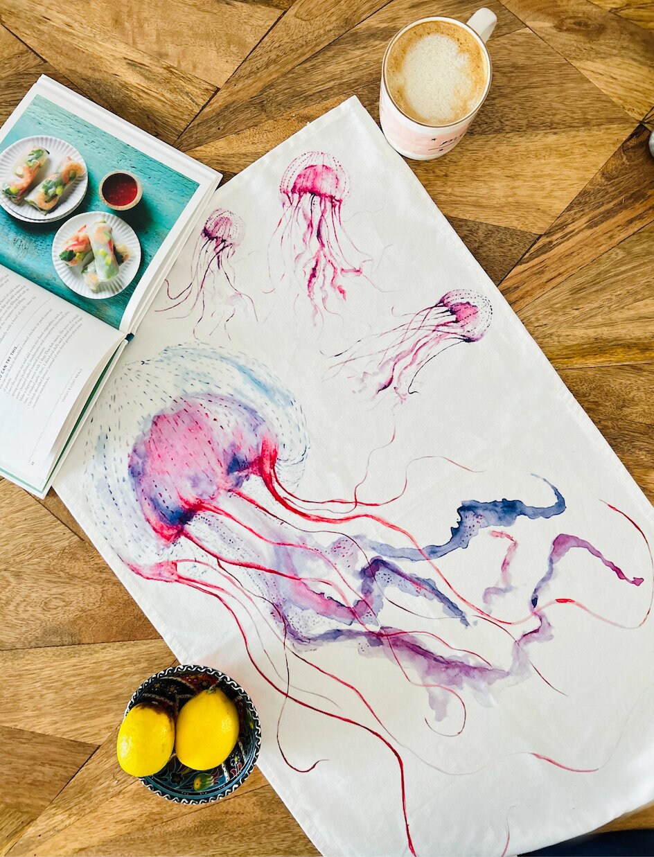 Jellyfish towel, Jellyfish and Friends, 100% Organic Cotton tea towel, Designed and printed in UK - by Sarah Epsom