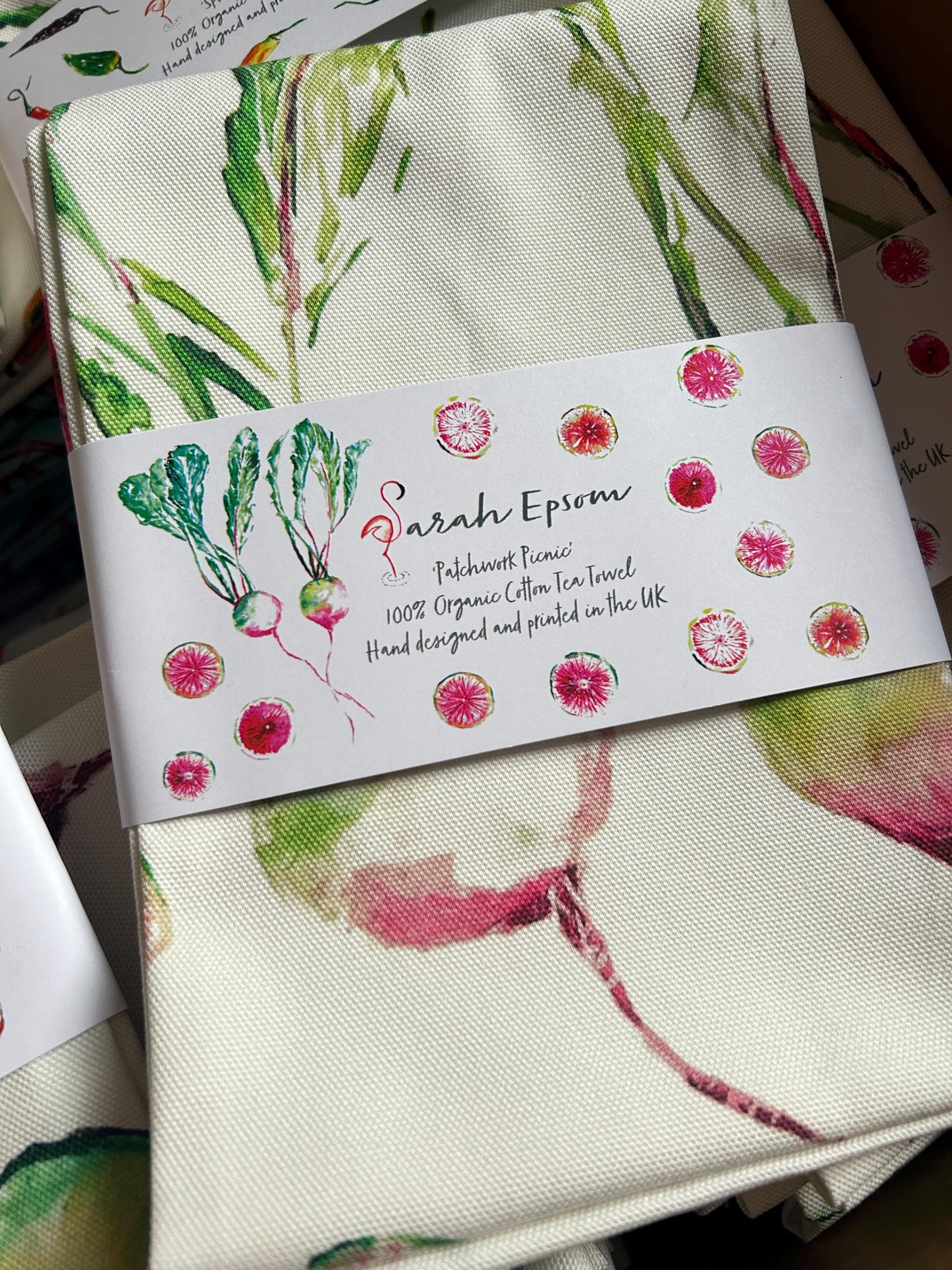 Watermelon Radish, Patchwork Picnic, 100% Organic Cotton Tea towel, Designed and printed in UK by Sarah Epsom