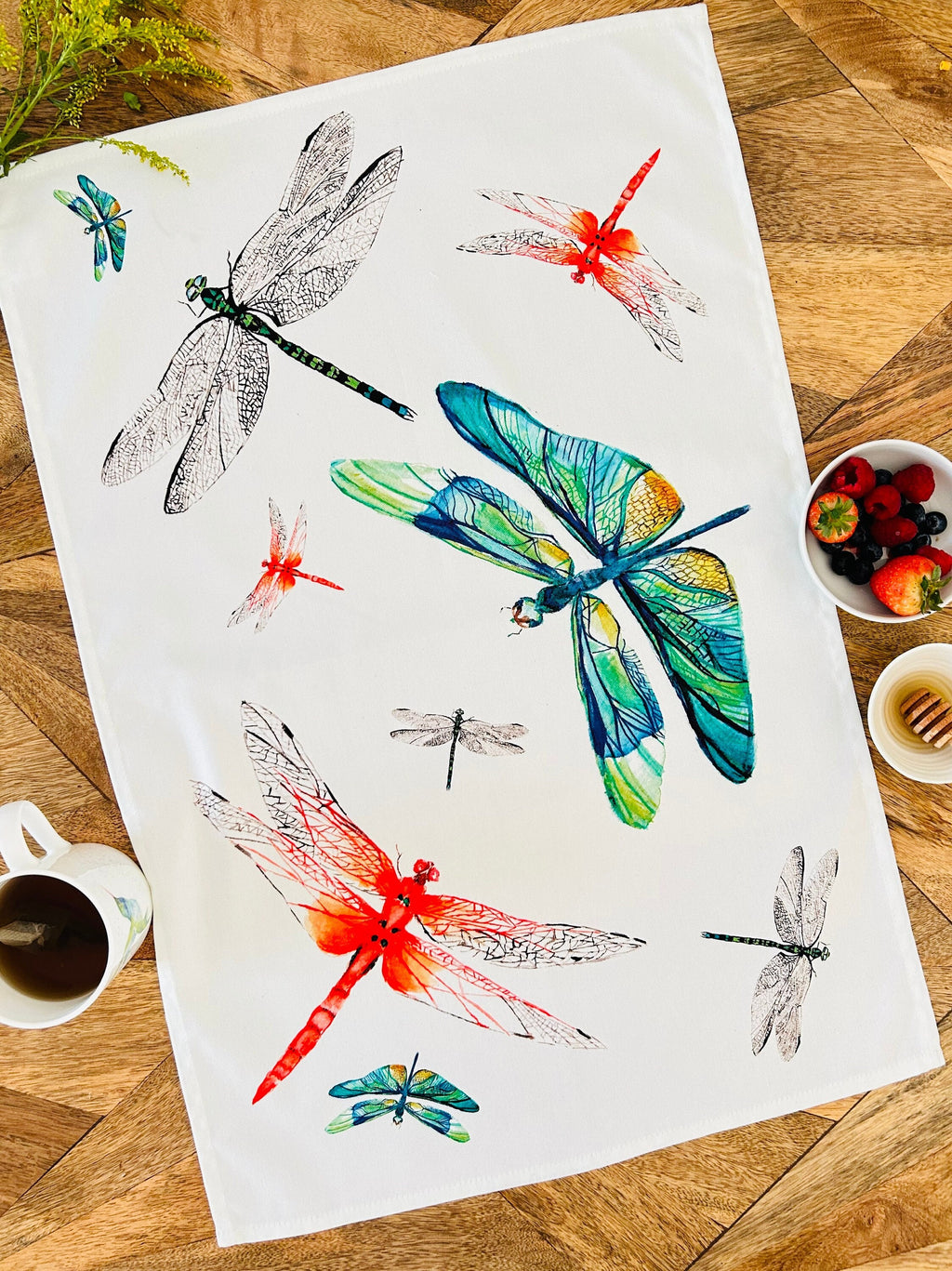 Dragonfly tea towel, Dancing Dragonflies, 100% Organic Cotton tea towel, Designed and printed in UK - by Sarah Epsom