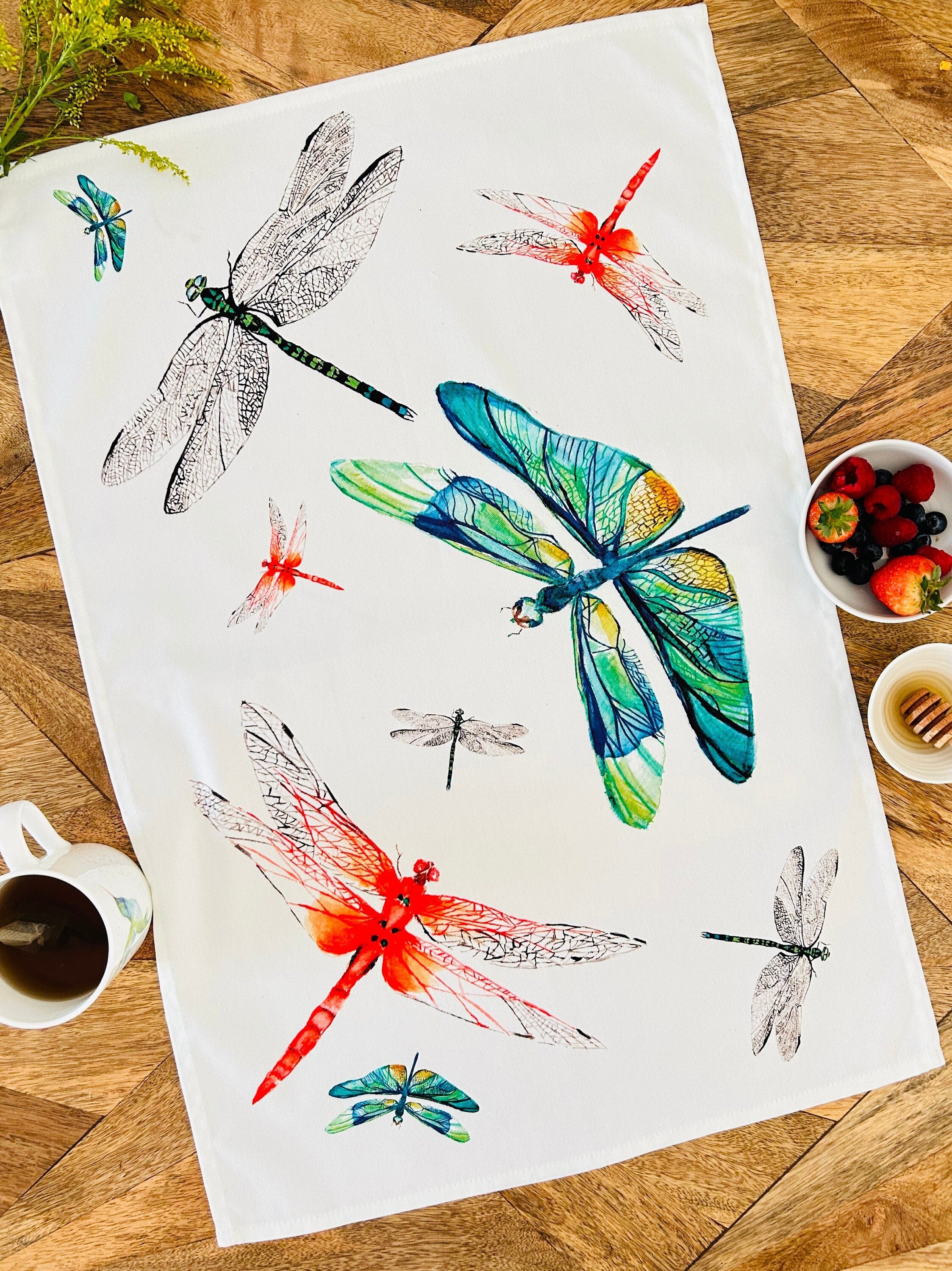 Dragonfly tea towel, Dancing Dragonflies, 100% Organic Cotton tea towel, Designed and printed in UK - by Sarah Epsom
