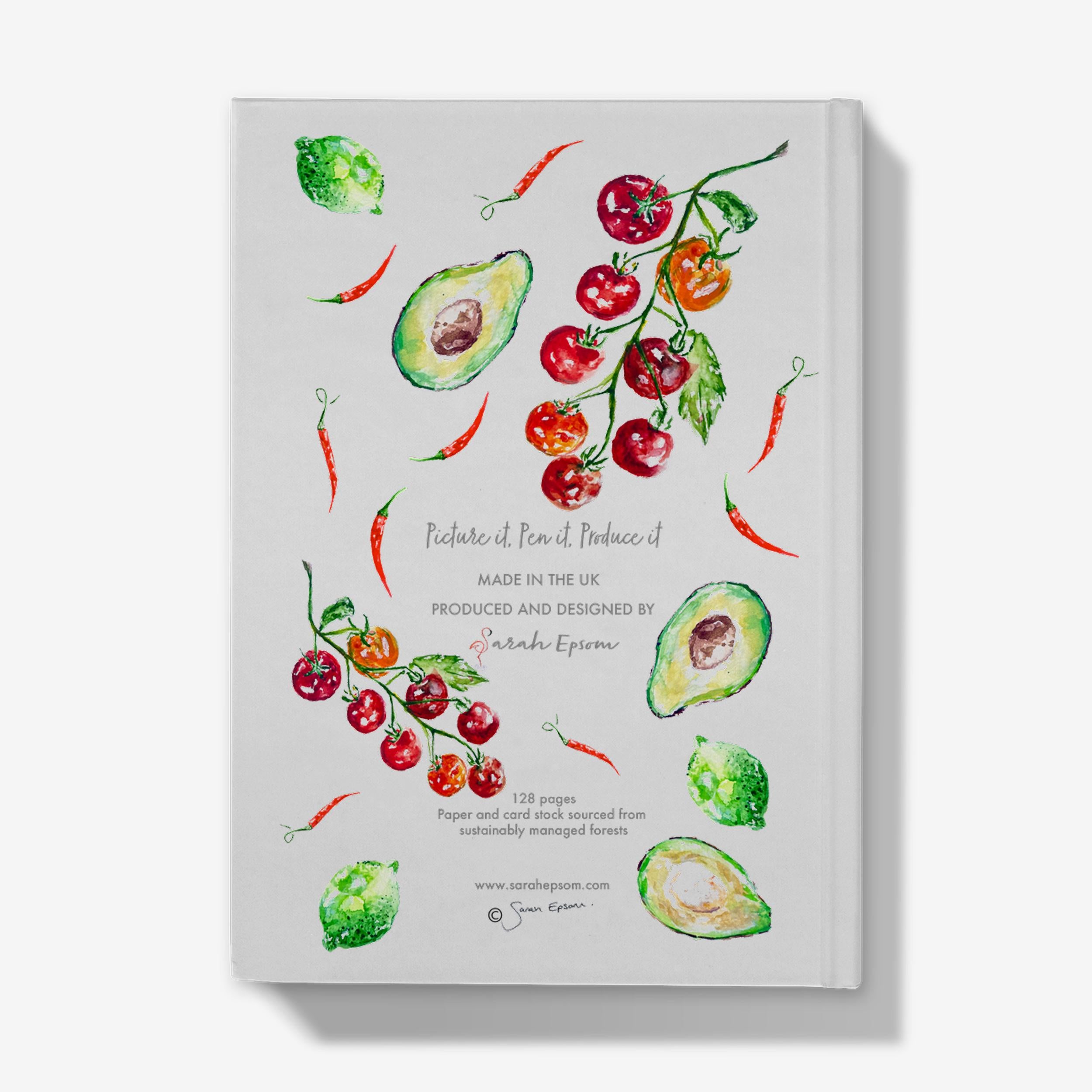 Guacamole Hardback Journal, Watercolour Art, A5 Notebook, Lined Paper, by Sarah Epsom
