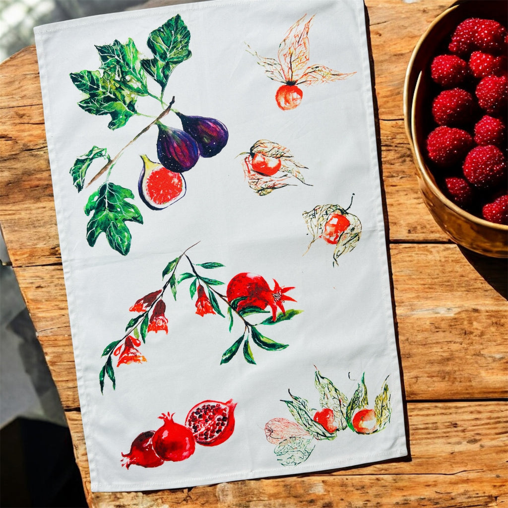 Fruit tea towel, Fruit Medley, 100% Organic Cotton tea towel, Designed and printed in UK - by Sarah Epsom - Available for pre-order