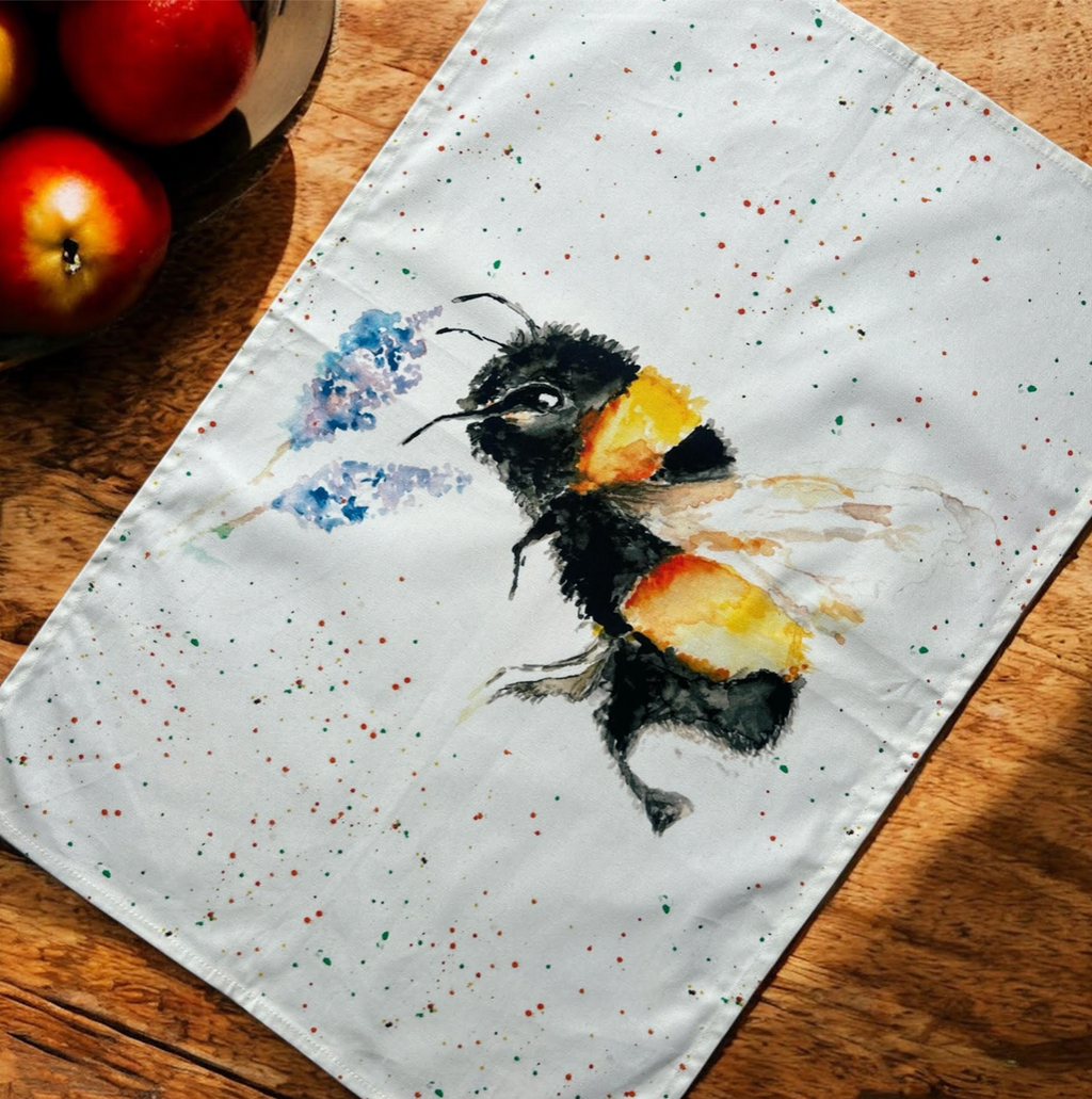 Bumblebee, First Flight, 100% Organic Cotton tea towel, Designed and printed in UK - by Sarah Epsom - Available for pre-order