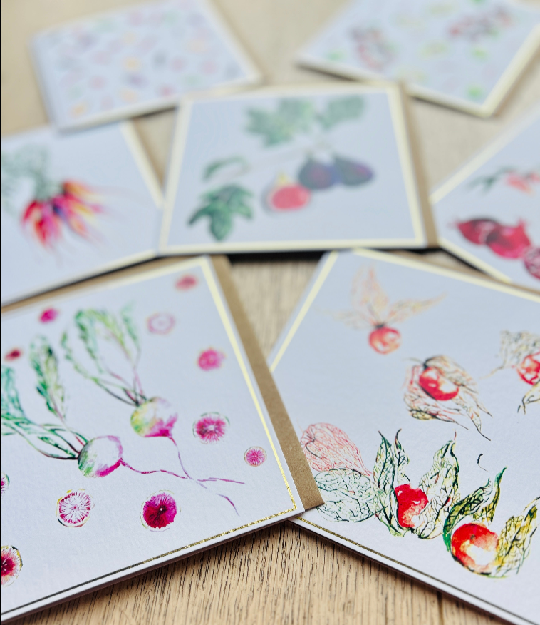 Rooted Vegetables -Greeting Card range - by Sarah Epsom