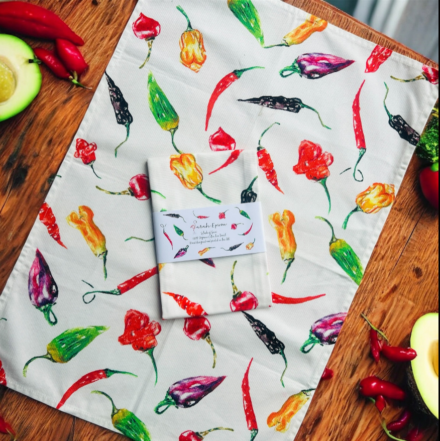 Chilli tea towel, Splash of Spice, 100% Organic Cotton tea towel, Designed and printed in UK - by Sarah Epsom
