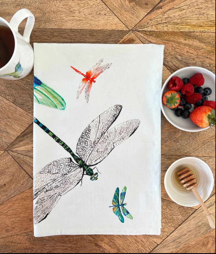 Dragonfly tea towel, Dancing Dragonflies, 100% Organic Cotton tea towel, Designed and printed in UK - by Sarah Epsom