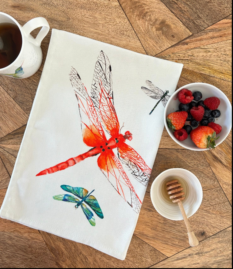 Dragonfly tea towel, Dancing Dragonflies, 100% Organic Cotton tea towel, Designed and printed in UK - by Sarah Epsom