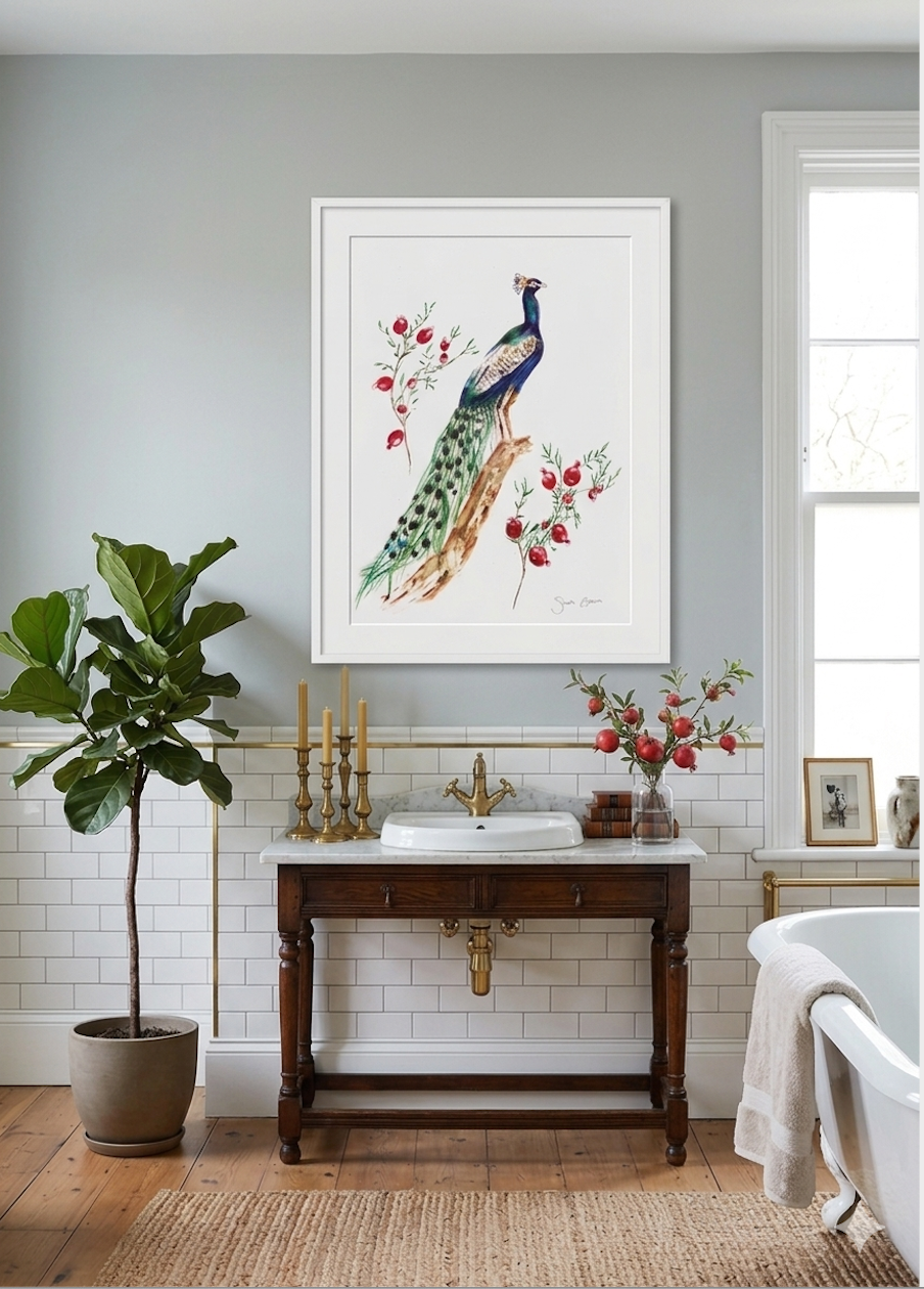 Peacock Print A4 Giclée on Hahnemühle German Etching Paper - by artist Sarah Epsom