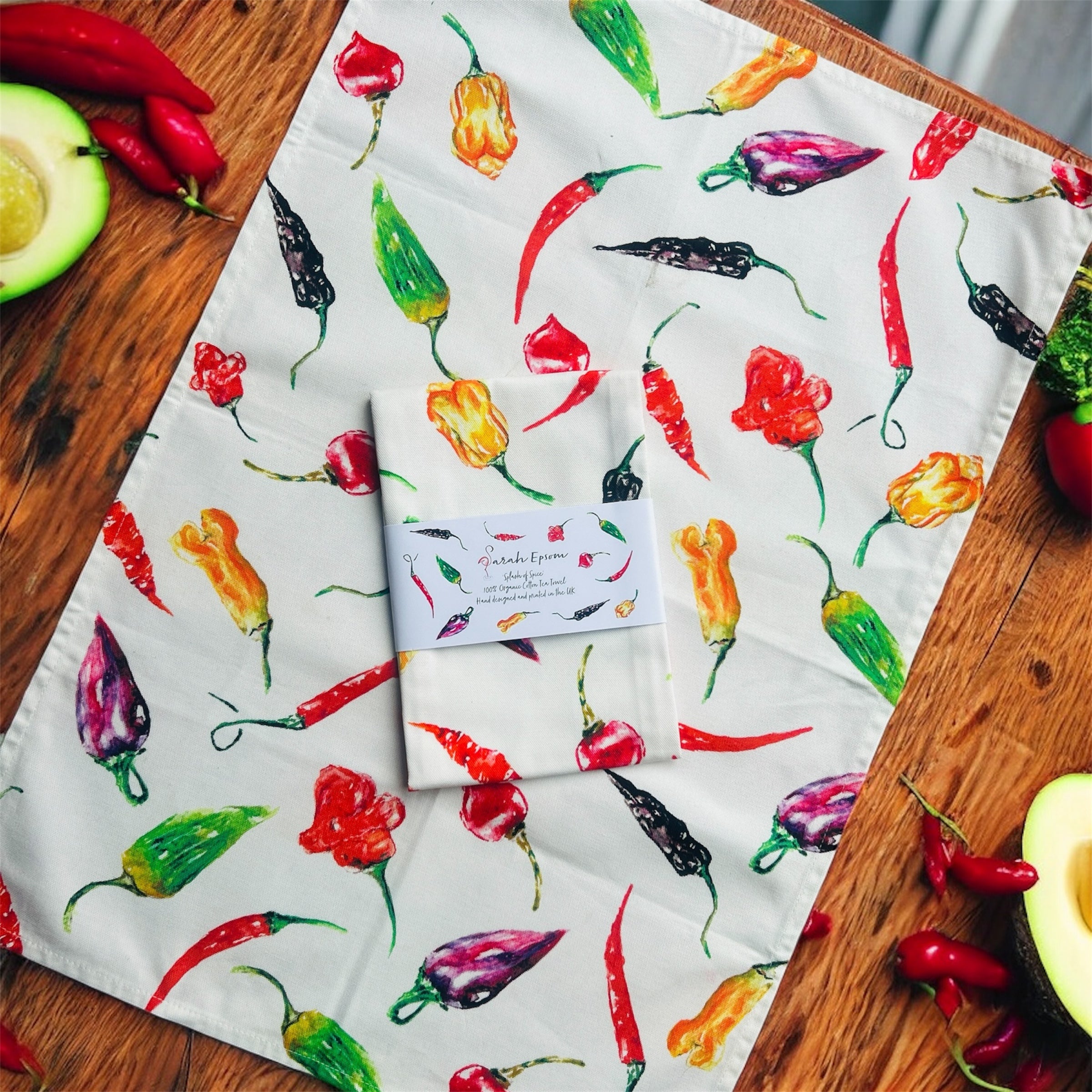 Chilli tea towel, Splash of Spice, 100% Organic Cotton tea towel, Designed and printed in UK - by Sarah Epsom