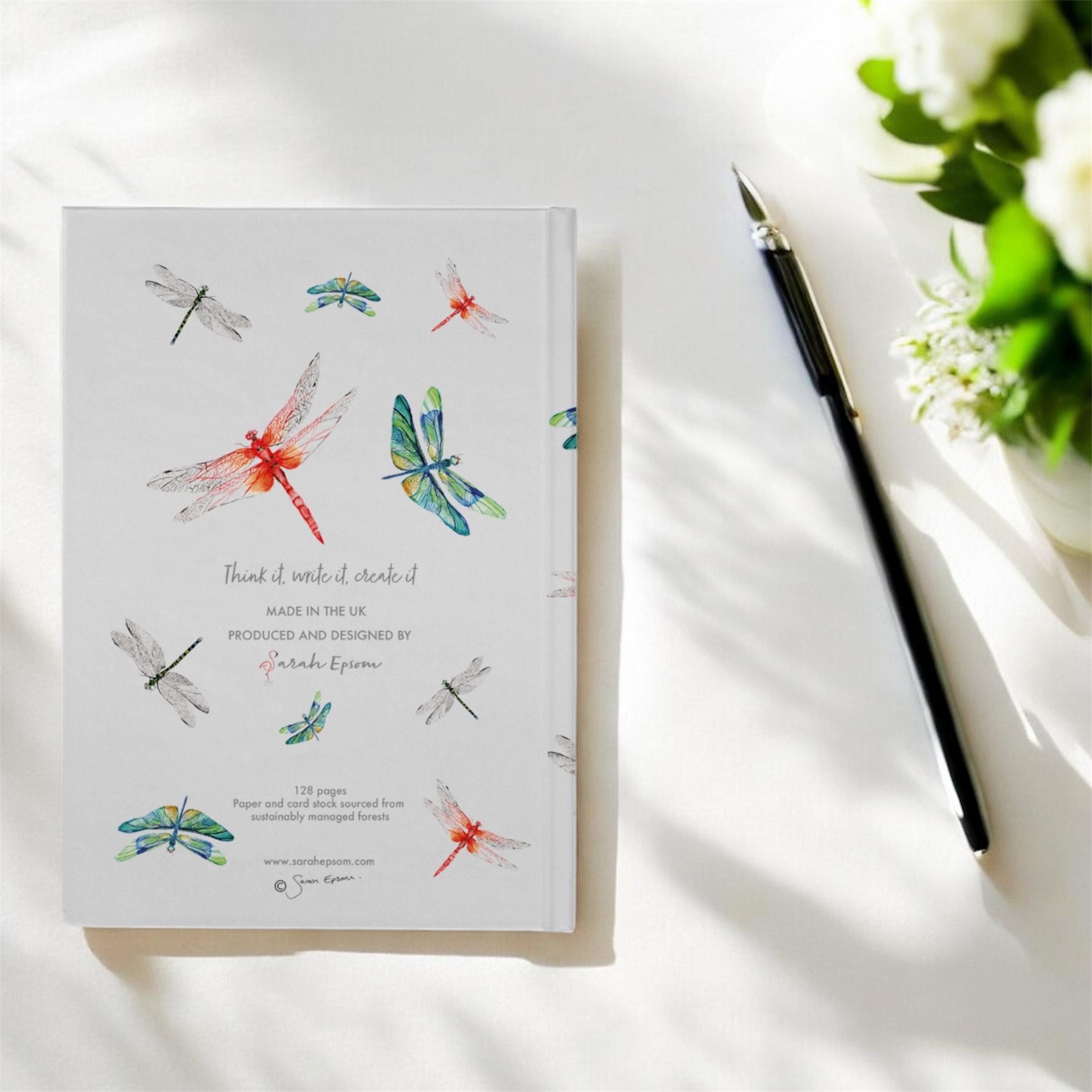 Dragonfly Hardback Journal, Watercolour Art, A5 Notebook, Plain Paper, by Sarah Epsom