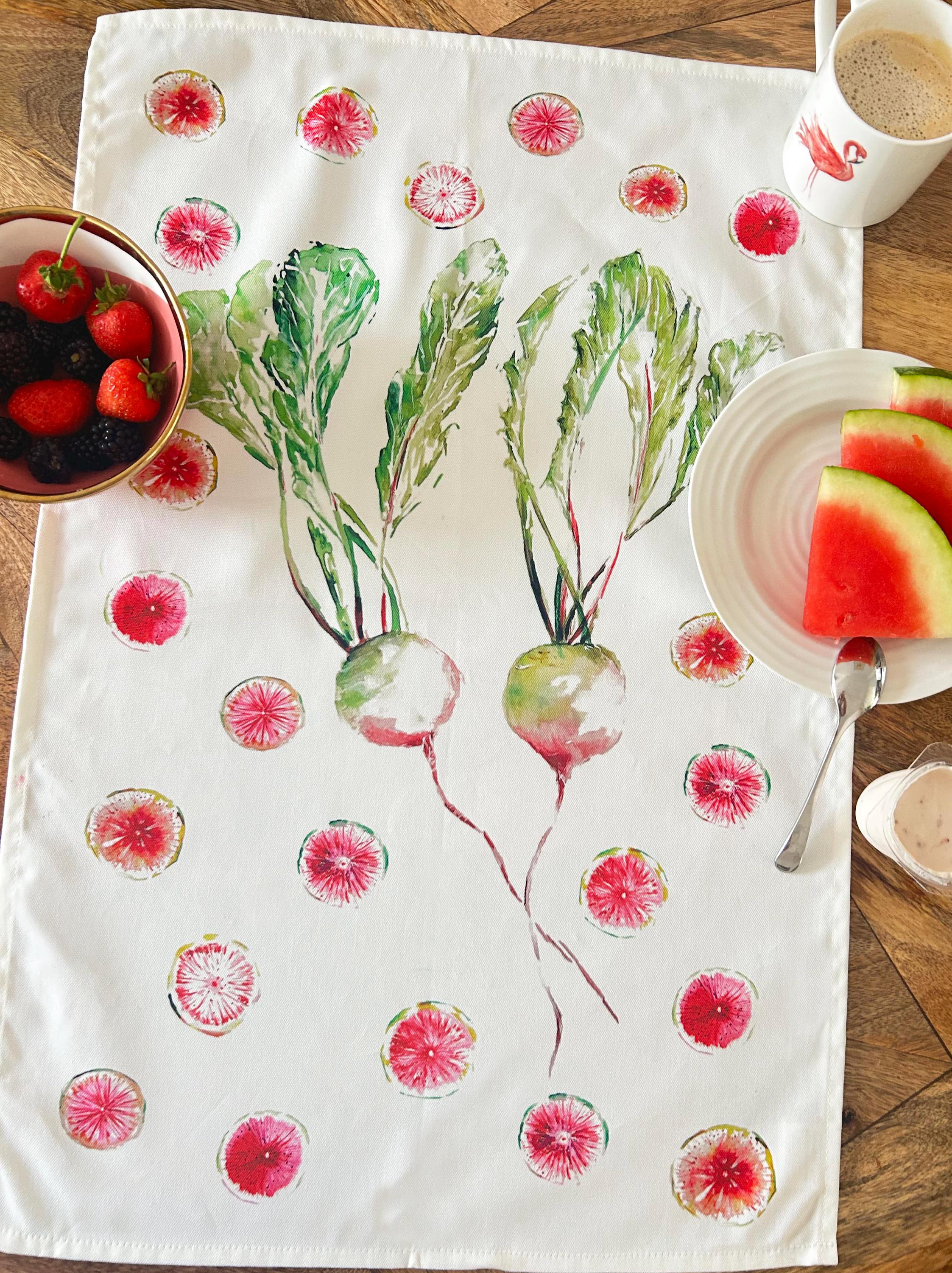 Watermelon Radish, Patchwork Picnic, 100% Organic Cotton Tea towel, Designed and printed in UK by Sarah Epsom