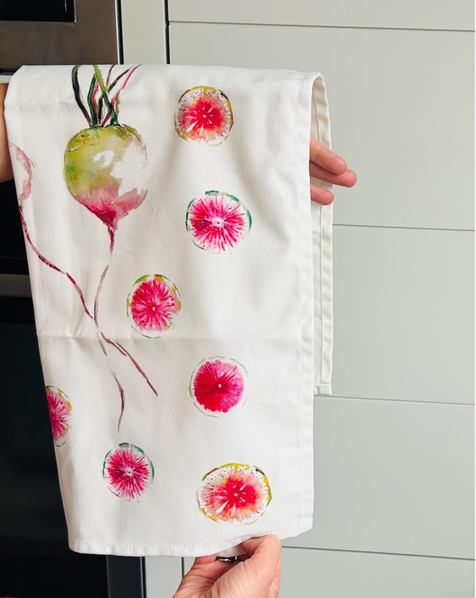 Watermelon Radish, Patchwork Picnic, 100% Organic Cotton Tea towel, Designed and printed in UK by Sarah Epsom