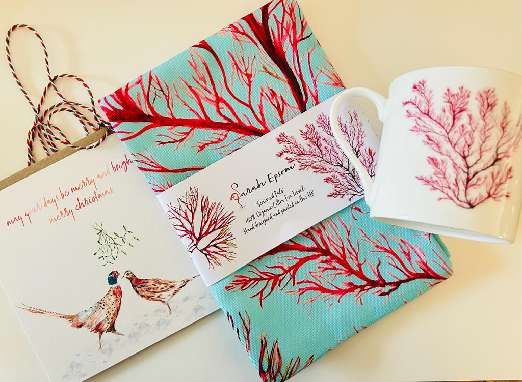 Ocean Gift Set, Fine Bone China Mug, Organic Tea Towel, FSC approved Card - by Sarah Epsom
