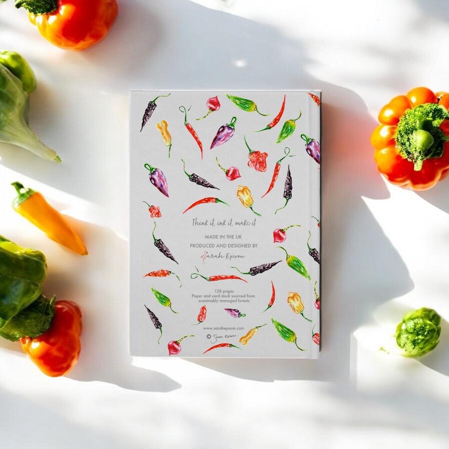 Chilli Hardback Journal, Watercolour Art, A5 Notebook, Lined Paper, by Sarah Epsom