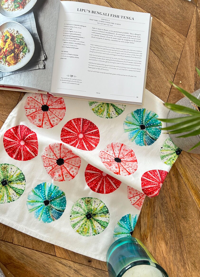 SALE - Sea Urchin Pattern, 100% Organic Cotton Tea Towel by artist Sarah Epsom