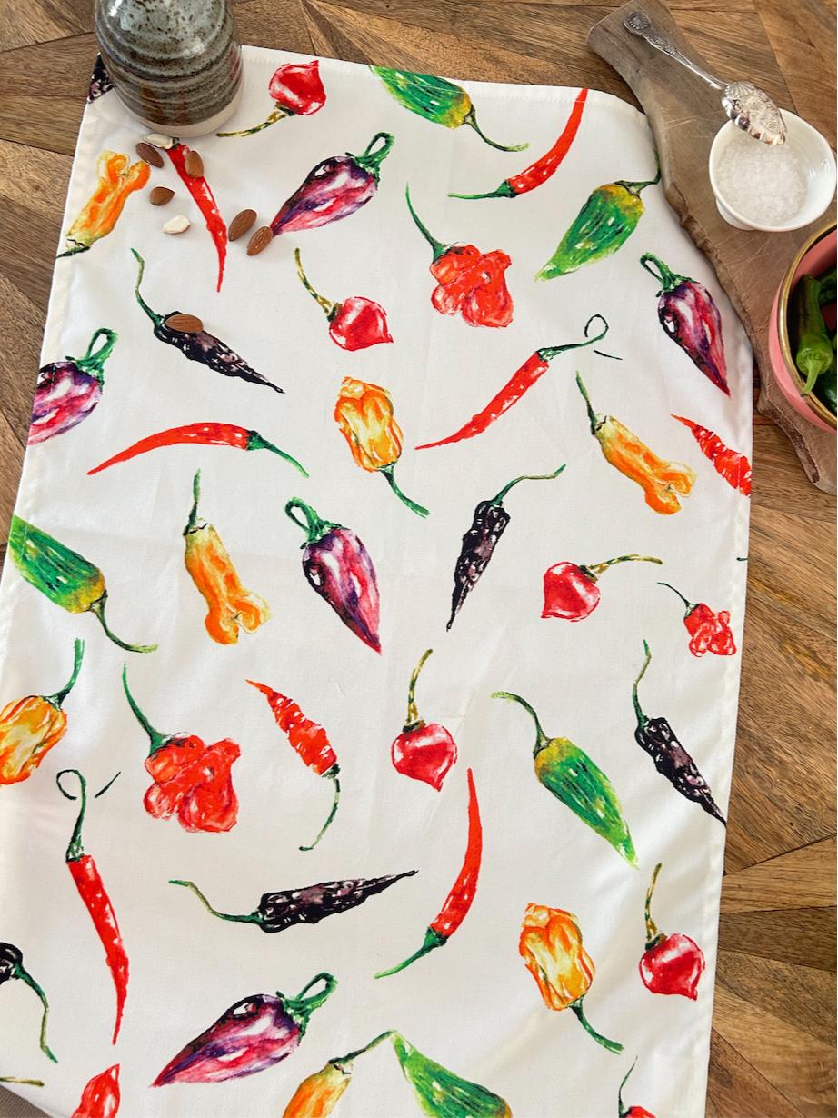 Chilli tea towel, Splash of Spice, 100% Organic Cotton tea towel, Designed and printed in UK - by Sarah Epsom